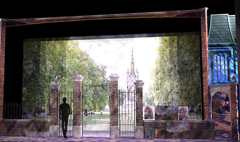 Mary Poppins park gates scene with beautiful gates and a hand-painted park drop from Front Row Theatrical Rental picture