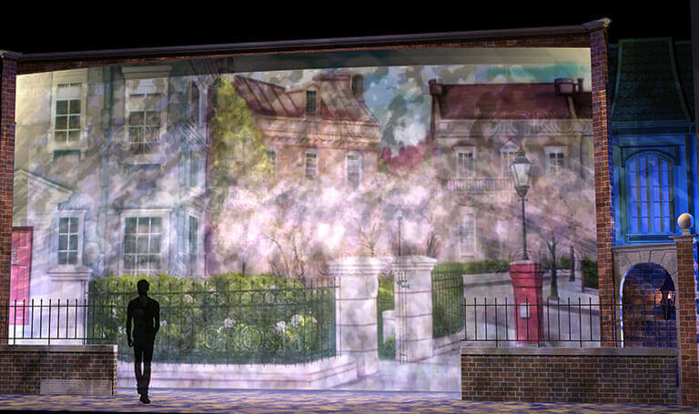 Mary Poppins exterior scene includes a hand-painted drop for the Bank's house from Front Row Theatrical Rental picture